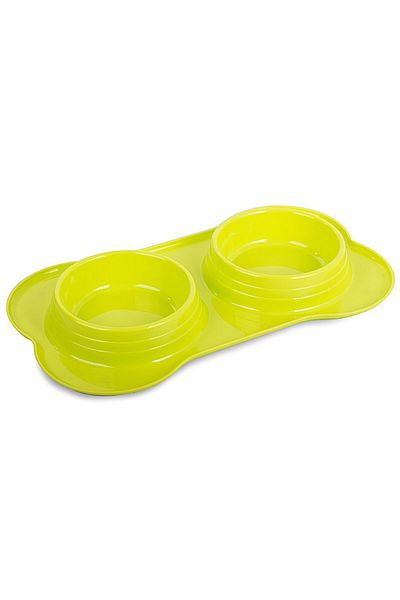 zola Vas dublu cu suport din plastic, pentru hranire animale, 0.4 l x 2, verde