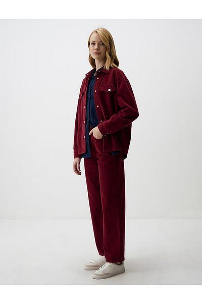 Jimmy Key Burgundy 100% Cotton High Waist Regular Leg Velvet Trousers