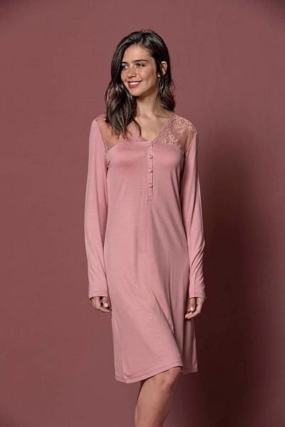 MONAMİSE Monamise Women's Collar and Shoulder Lace Buttoned Front Large Size Nightgown 19214