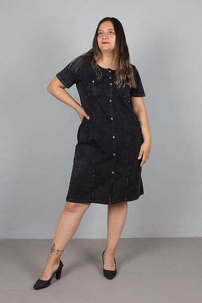 Truva XXL Plus Size Black Front Button Washed Dress