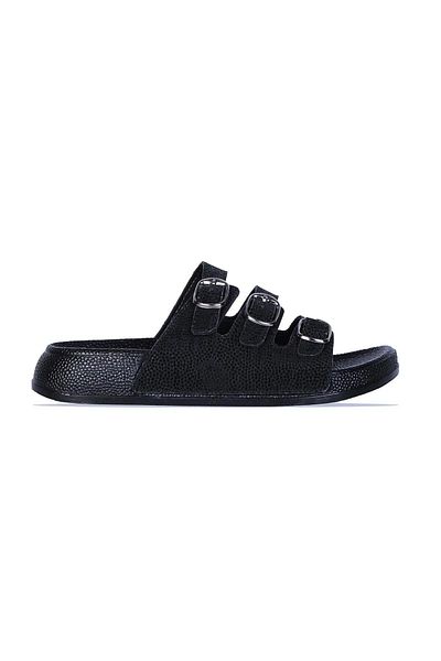 NOVİNS Women's Shiny Three-Striped Buckle Lightweight and Comfortable Sole Casual Slippers Beach Pool Slippers