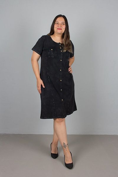 Truva XXL Plus Size Black Front Button Washed Dress