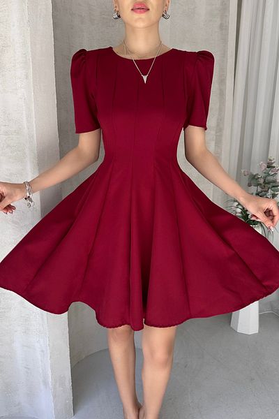 Fav Style Women's Crew Neck Princess Short Sleeve Skirt Flounce Short Dress Burgundy