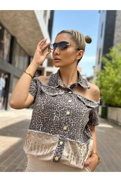 Kokoşum Butik 8224 Σετ φόρμας Leopard Jean Λεπτομερής Μπεζ