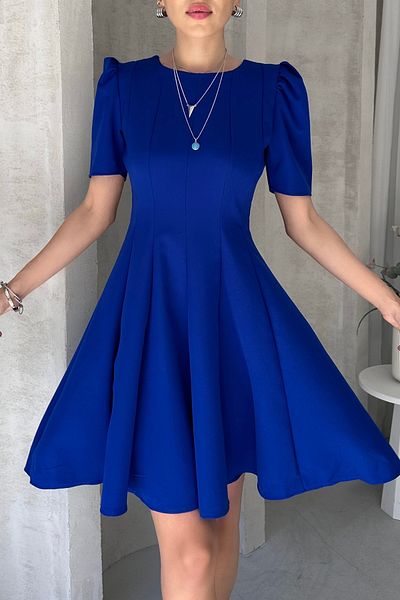 Fav Style Women's Crew Neck Princess Short Sleeve Skirt Flounce Short Dress Saks Blue