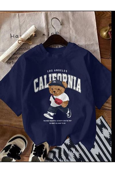 SELENA BUTİK Unisex Round Neck California Teddy Bear Navy Blue Cotton Tshirt