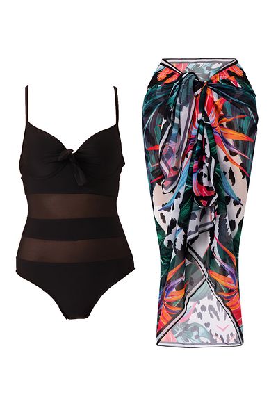 CUPSEA Women's Black Tulle Detailed Covered Swimsuit (Supported) Lana-Black Leo Leaf Pattern Pareo Set of 2