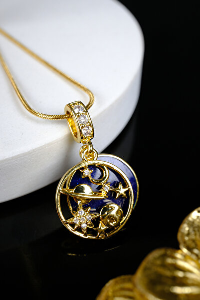 Zalifra Galaksi Seri, Lacivert Zemin Üzerine Gezegen ve Yıldızlar Temalı, Çelik Kolye