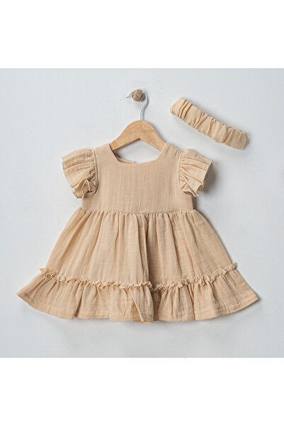 OPPOMİO Bebek Kız Pamuklu Müslin Fırfırlı Elbise ve Saç Bandı Takımı