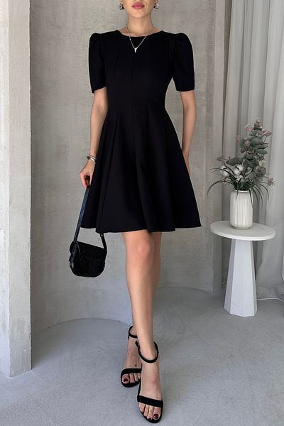 Fav Style Women's Crew Neck Princess Short Sleeve Skirt Flounce Short Dress Black