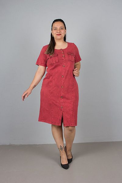 Truva XXL Plus Size Red Front Button Wash Dress
