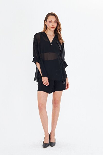 LAMANTE BÜZGÜ DETAY KAPÜŞONLU SİYAH ŞİFON BLUZ