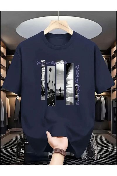 SELENA BUTİK Unisex Round Neck Watch Navy Blue Cotton Tshirt