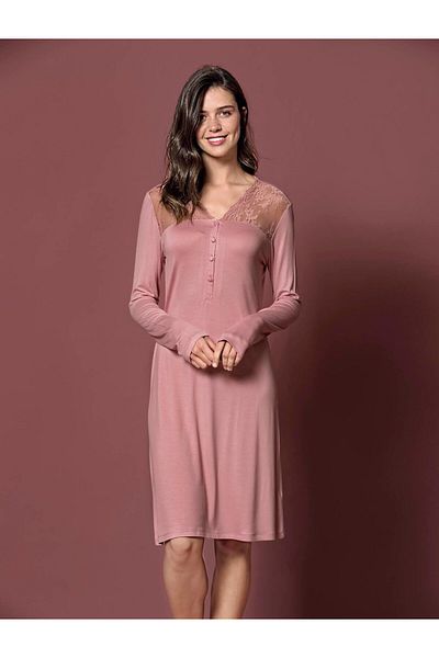 MONAMİSE Monamise Women's Collar and Shoulder Lace Buttoned Front Large Size Nightgown 19214