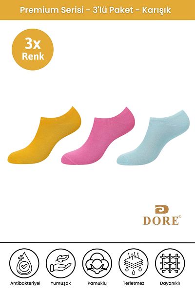 Dore Original 3 Pairs Premium Anti-Sweat Comfort Model Breathable Seamless Invisible Solid Color Booties Socks