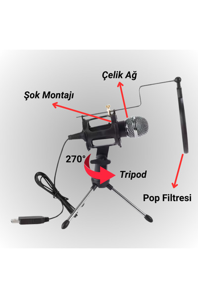 MultiZone Karaoke Cep Telefonu Bilgisayar Uyumlu Tripodlu Kondenser Youtuber Kayıt Mikrofonu