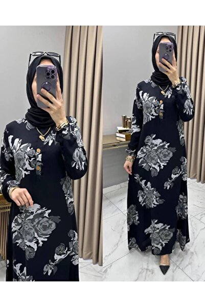 ECESSAMODAM Top Buttoned Floral Patterned Viscose Hijab Dress