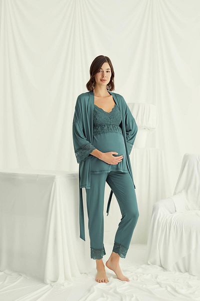 MONAMİSE Lace Maternity 3-Piece Pajamas Set
