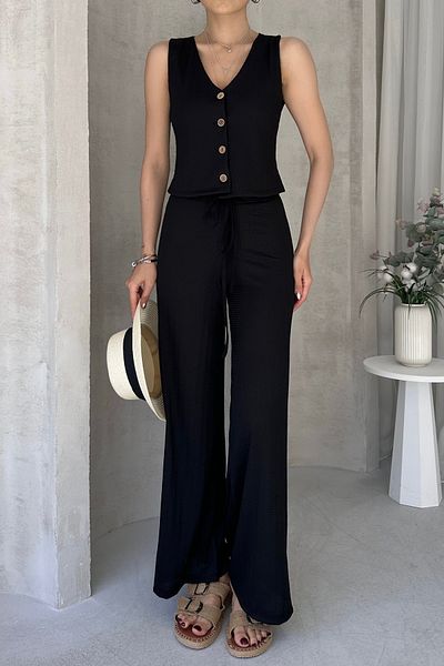 Fav Style Women's Sleeveless Button Vest and Wide Leg Pants Bottom-Top Suit Black