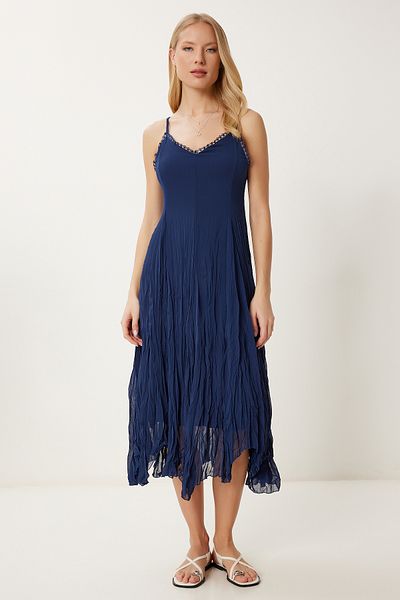 Lovelyİstanbul Rochie asimetrică din șifon cu detaliu guipur ALBASTRU ÎNCHIS LNS0031