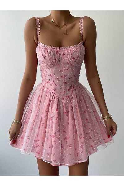 Julidress Lace Detailed Lined Floral Patterned Mini Design Princess Tulle Dress