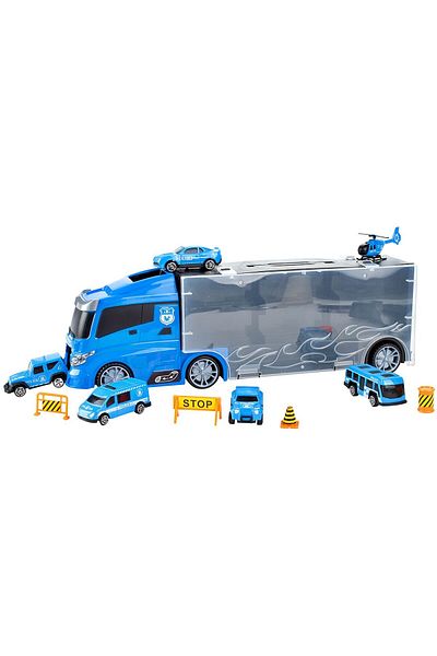 zola Camion jucarie cu 6 vehicule politie, cabina-tobogan, depozitare usoara, 40x12.5x8.5 cm