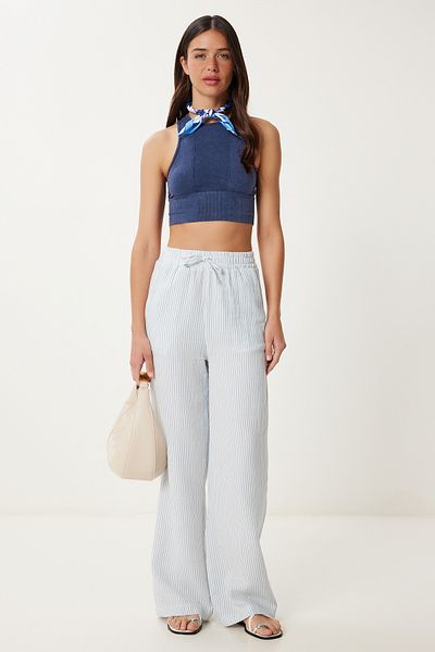 Lovelyİstanbul Pantaloni Palazzo din muselină cu dungi ALBASTRU DESCHIS BONE LSA0010