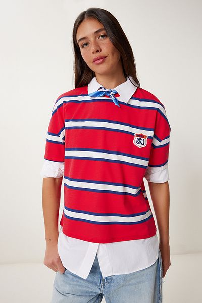 Lovelyİstanbul Tricou tricotat din bumbac cu dungi ROSIU LCR0077