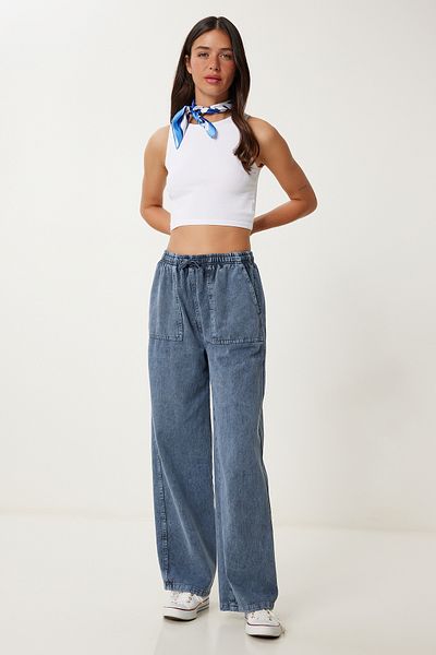 Lovelyİstanbul Faded Effect Wide Leg Denim Palazzo Pants Dark Grey Lmx0071