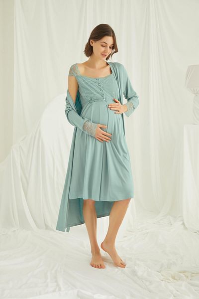 MONAMİSE Lace Front Buttoned Maternity Maternity Dressing Gown Set