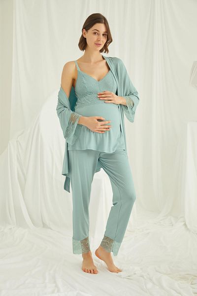 MONAMİSE Lace Maternity 3-Piece Pajamas Set