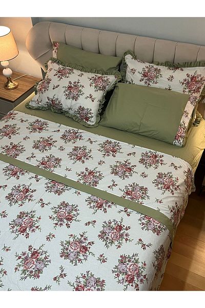 Zeren Home Floral Double Sided 100% Cotton Double Duvet Cover Set 6 Piece Set - Green