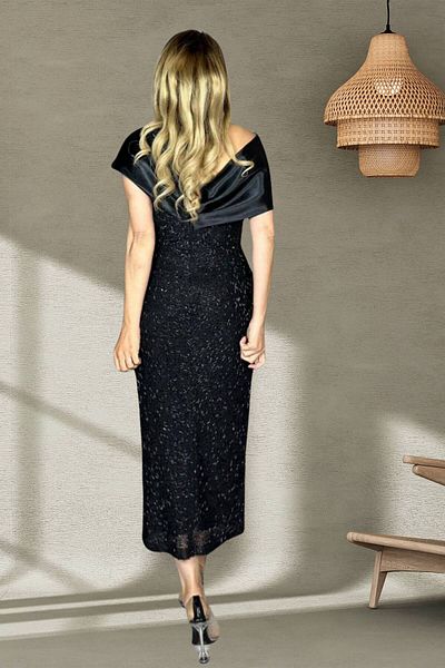 ZISHAN Luxurious Black Evening Dress - Sequined Sequin Embroidered Satin Collar Detailed 410