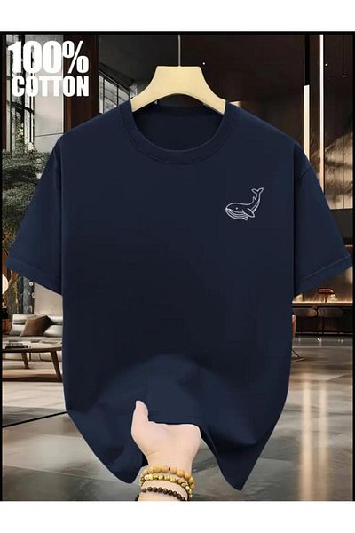 SELENA BUTİK Unisex Round Neck Whale Navy Blue Cotton T-Shirt