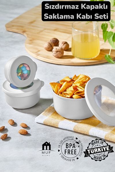 MUF HOME Leakproof Bowl Set with Lid -3L Wine/Sauce (100Ml-250Ml-500Ml) Gray Color