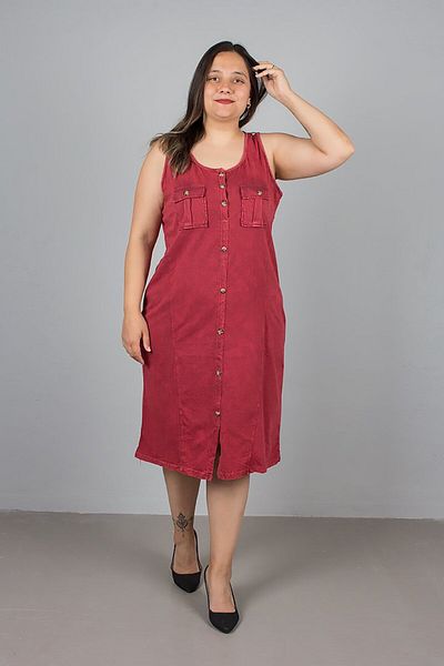 Truva XXL Plus Size Sleeveless Button Cotton Red Dress