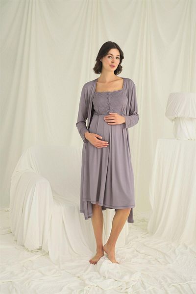 MONAMİSE Lace Front Buttoned Maternity Maternity Dressing Gown Set