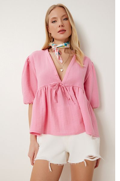 Lovelyİstanbul V-Neck Lacing Detailed Flounced Muslin Blouse Pink Lan0032