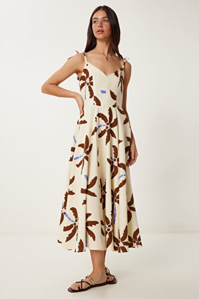 Lovelyİstanbul Vzorované lněné šaty s popruhem BÉŽOVÁ LHC0015