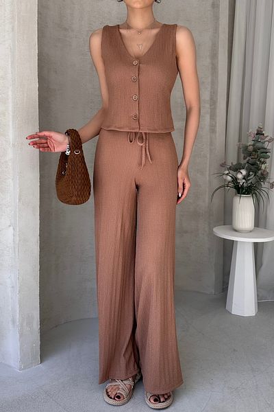 Fav Style Women's Sleeveless Button Vest and Wide Leg Pants Bottom-Top Set Mink