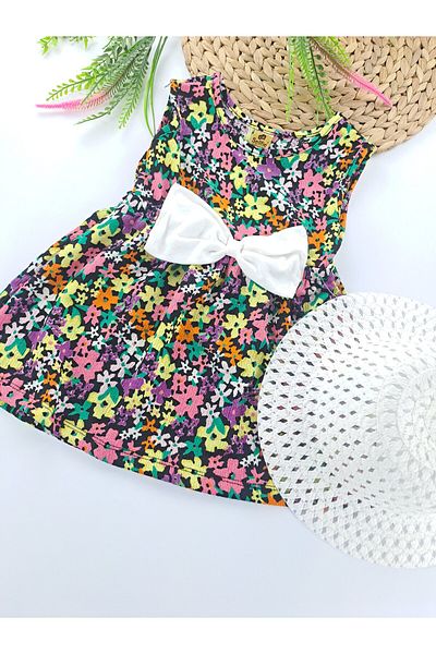 Butik Girl's Multicolored Bow Dress Hat Double Set