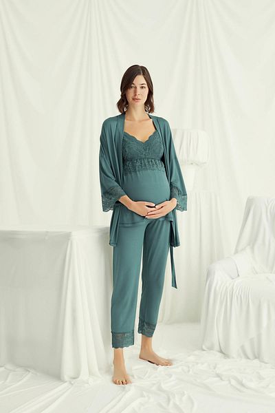 MONAMİSE Lace Maternity 3-Piece Pajamas Set