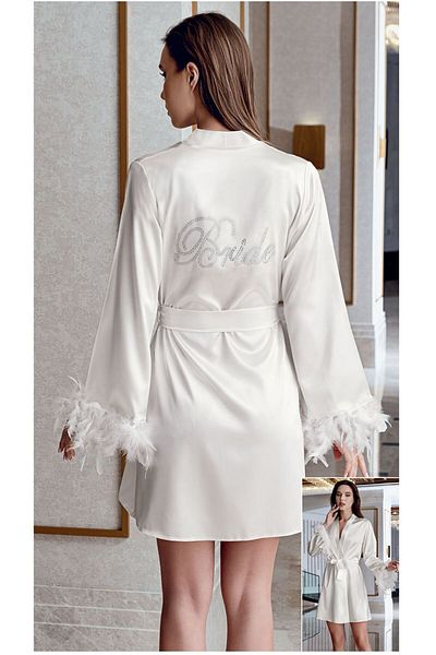 demirosa Bride Written White Feather Satin Dressing Gown Bridal Dressing Gown