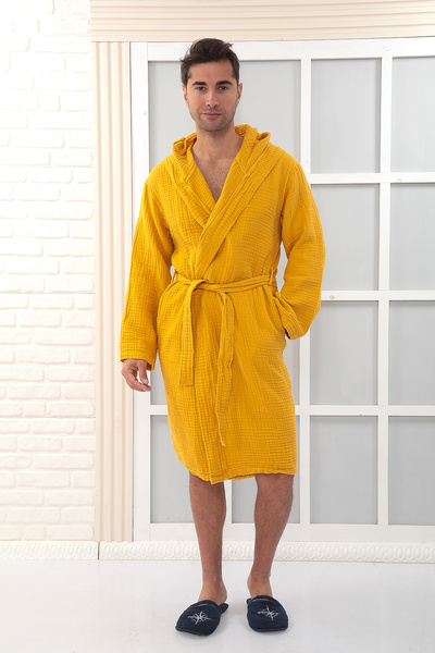 Almir Home Hooded 4 Layer Muslin Bathrobe Unisex - Yellow (Mustard)