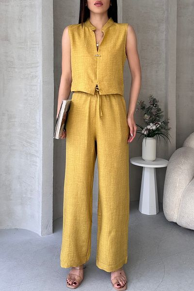 Fav Style Women's Judge Collar Tank Top and Loose Wide Leg Pocket Pants Bottom-Top Suit Mustard