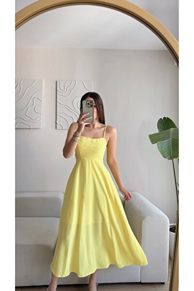 Zoom Butik İp Askılı Volanlı Prenses Elbise - SARI