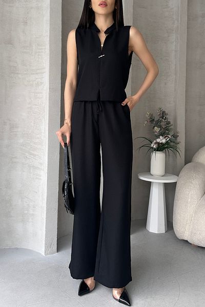 Fav Style Women's Judge Collar Tank Top and Loose Wide Leg Pocket Pants Bottom-Top Suit Black