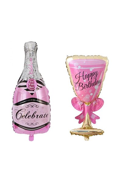 Flippy Set of 2 Metallic Foil Balloons – Happy Birthday, Bottle 50x108cm & Glass 48x93cm, Pink