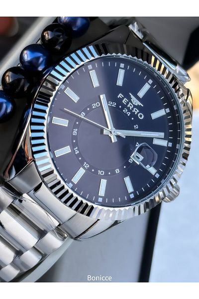 FERRO Men's Wrist Watch, Silver Navy Blue Color Steel Band, with Calendar, Bracelet Gift