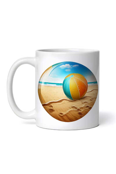 OEM Cană albă personalizată, Minge de plajă pe nisip, Inovatix®. 330 ml
